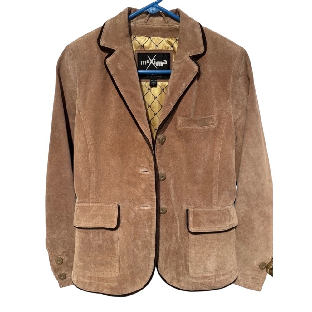 Maxima Women’s Suede Tan Jacket Size Small Tailored Fit 3 button closure
